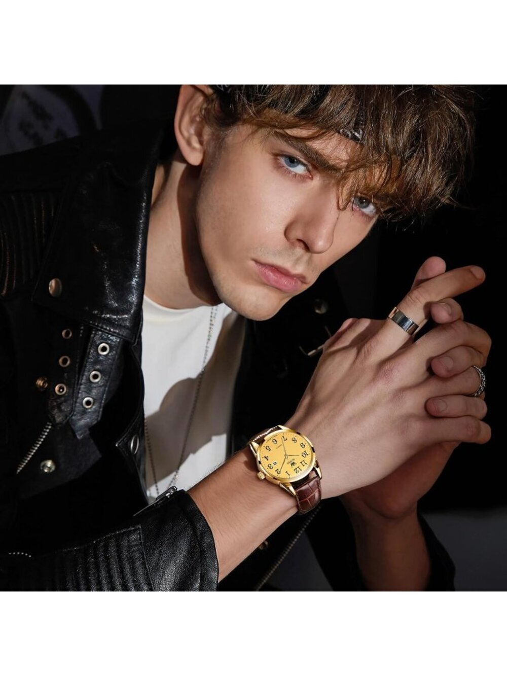 Men Brown Gold Face Analog Stainless Steel Roman Number Waterproof Classic Watch - Picture 2 of 6